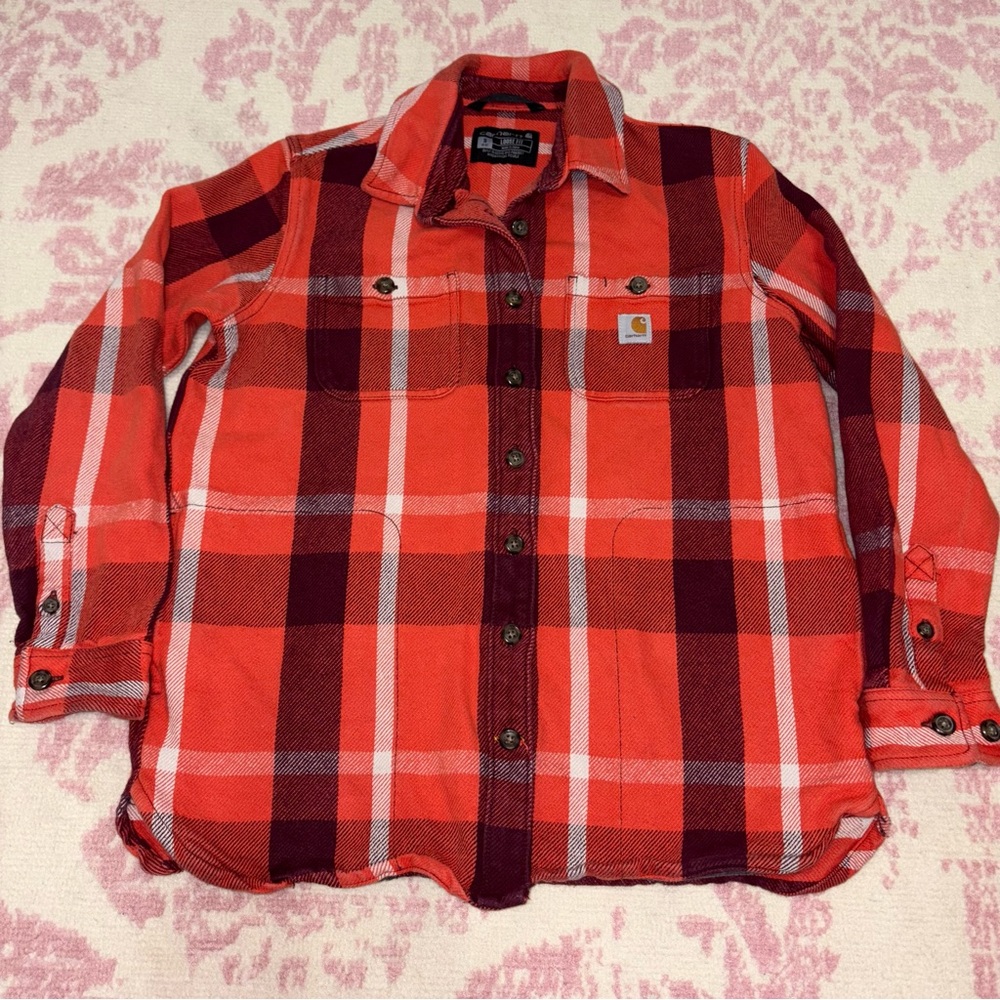Carhartt Orange Plaid Heavyweight Flannel Button-Down Work Shirt Loose Fit S